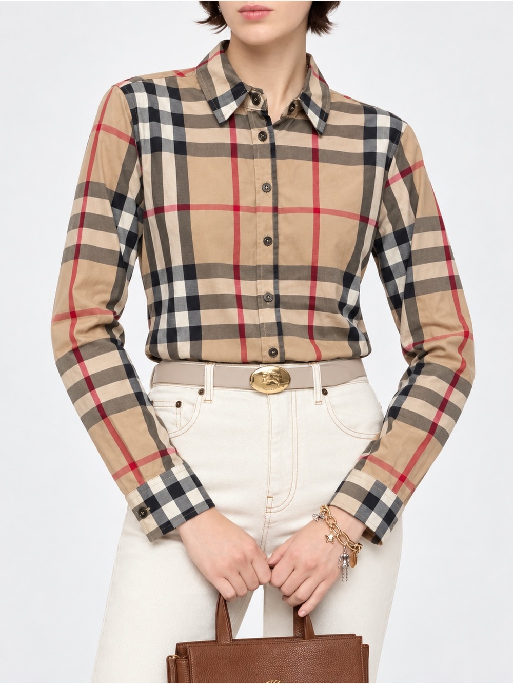Burberry Classic Beige Check Button-Down Shirt with Black & Red Accents